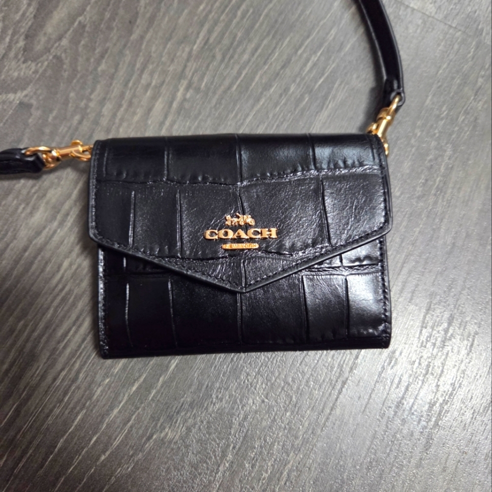 Coach Black Croc-Embossed Leather Cossbody Wallet